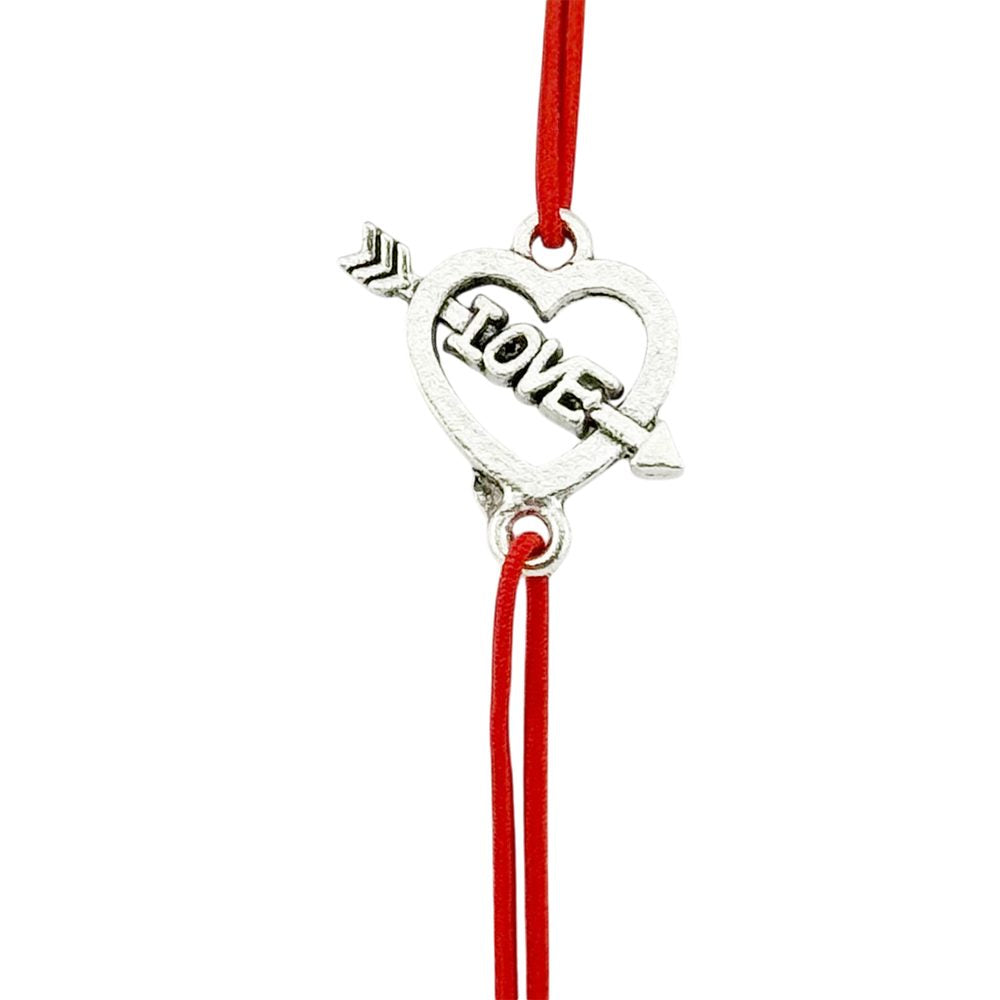 Martisor Bratara Elastica cu Pandantiv din Inox, Jolie, pentru Dama, Set 12 bucati, Snur Rosu Textil, Model Inima Love - vivimall.ro