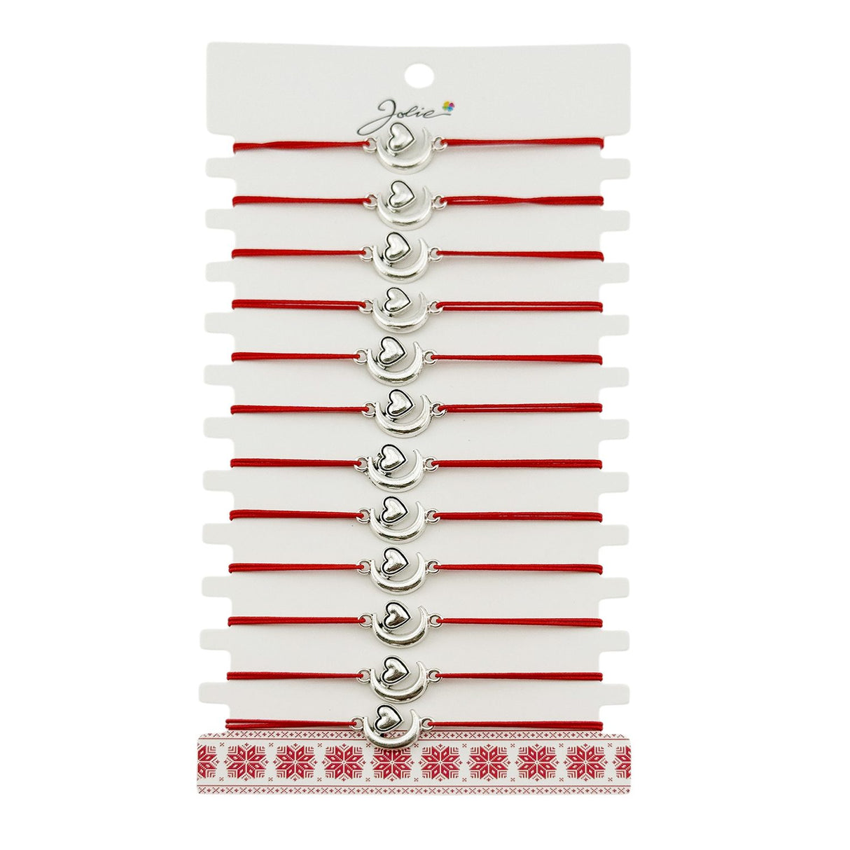 Martisor Bratara Elastica cu Pandantiv din Inox, Jolie, pentru Dama, Set 12 bucati, Snur Rosu Textil, Model Inima Luna - vivimall.ro