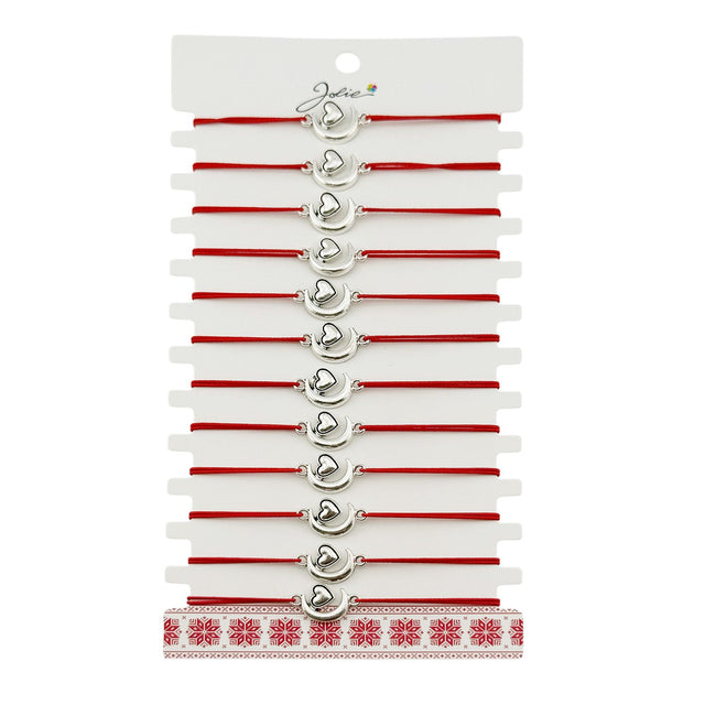 Martisor Bratara Elastica cu Pandantiv din Inox, Jolie, pentru Dama, Set 12 bucati, Snur Rosu Textil, Model Inima Luna - vivimall.ro
