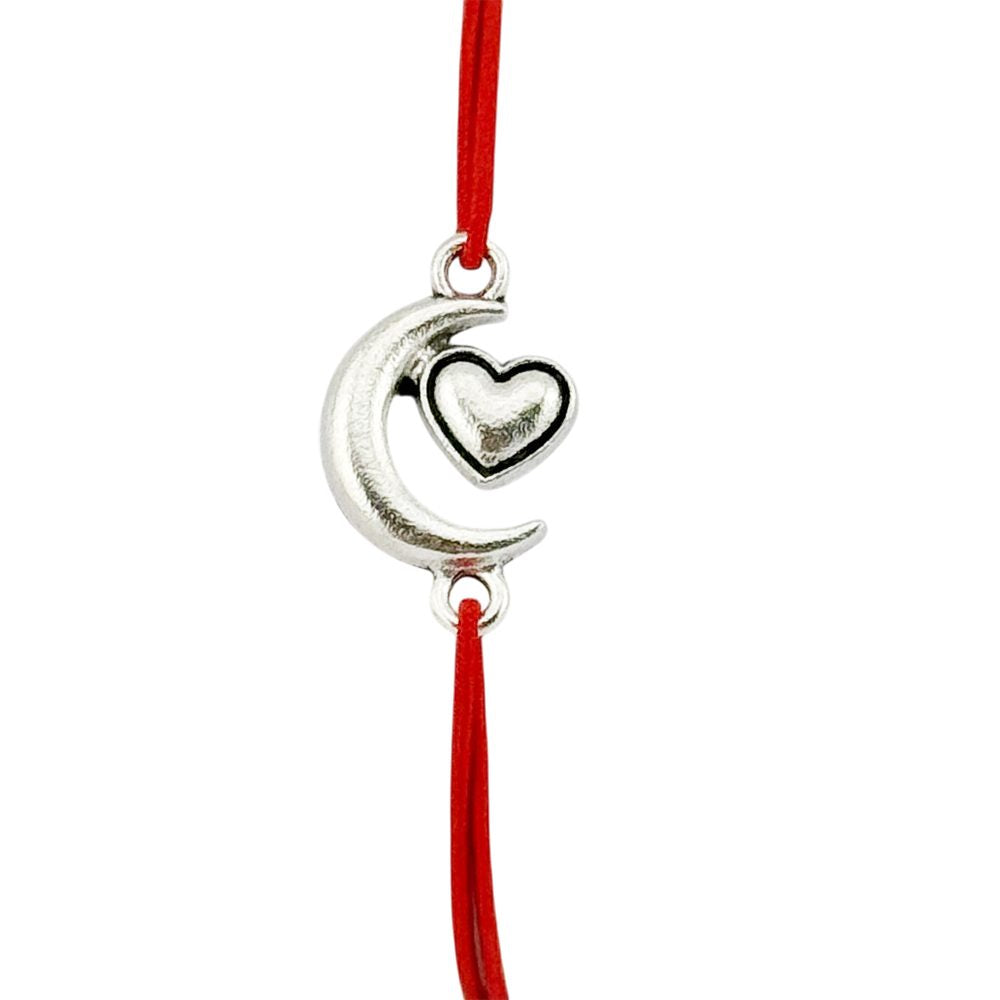 Martisor Bratara Elastica cu Pandantiv din Inox, Jolie, pentru Dama, Set 12 bucati, Snur Rosu Textil, Model Inima Luna - vivimall.ro