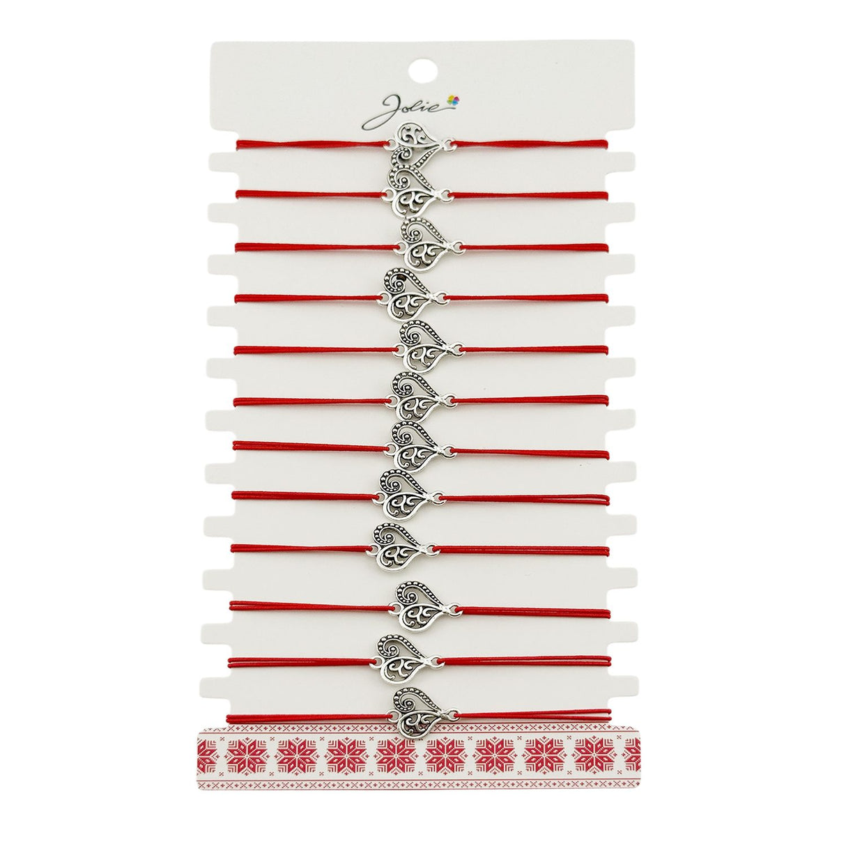 Martisor Bratara Elastica cu Pandantiv din Inox, Jolie, pentru Dama, Set 12 bucati, Snur Rosu Textil, Model Inima Eleganta - vivimall.ro