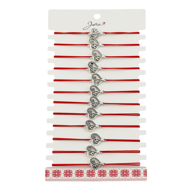 Martisor Bratara Elastica cu Pandantiv din Inox, Jolie, pentru Dama, Set 12 bucati, Snur Rosu Textil, Model Inima Eleganta - vivimall.ro