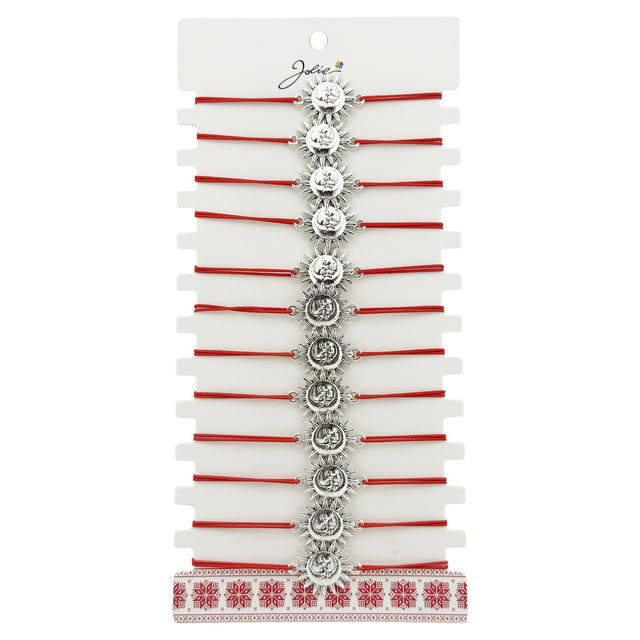 Bratara Martisor pentru Dama, Jolie, Model Soare, Set 12 bucati, Pandativ Argintiu din Inox cu Snur Rosu Ajustabil - vivimall.ro