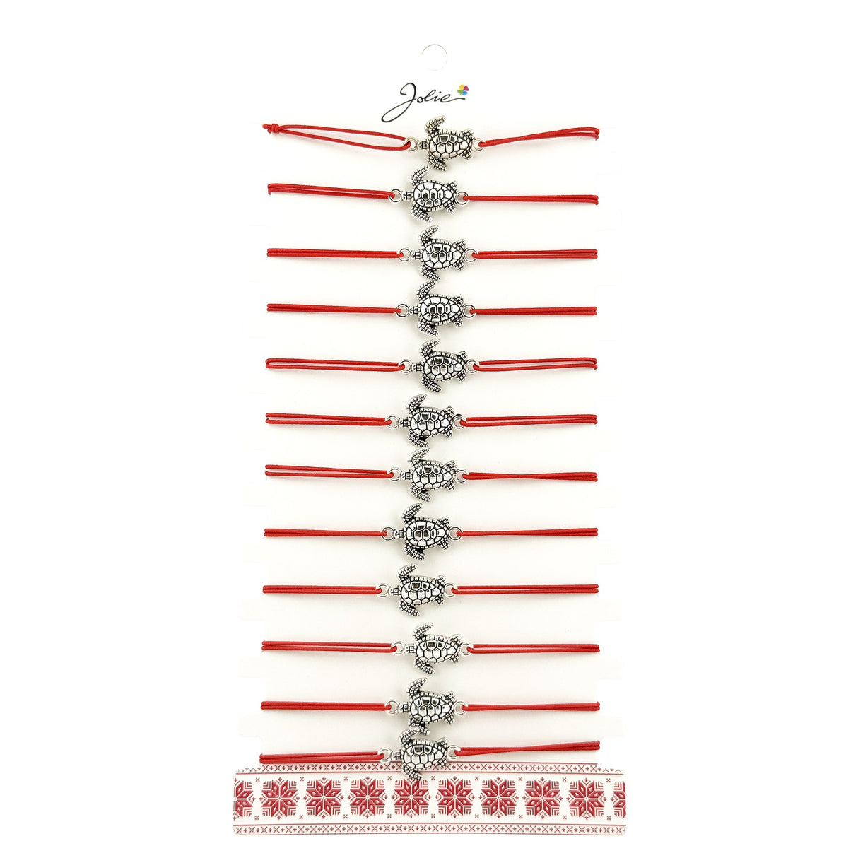 Bratara Martisor pentru Dama, Jolie, Model Broasca Testoasa, Set 12 bucati, Pandativ Argintiu din Inox cu Snur Rosu Ajustabil - vivimall.ro