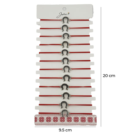 Bratara Martisor pentru Dama, Jolie, Model Potcoava, Set 12 bucati, Pandativ Argintiu din Inox cu Snur Rosu Ajustabil - vivimall.ro