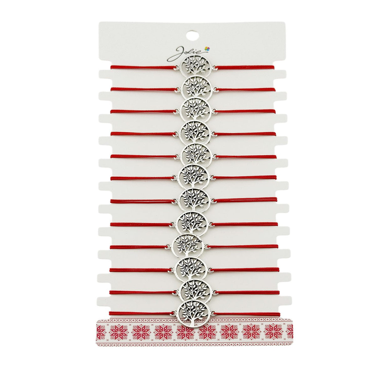 Martisor Bratara Elastica cu Pandantiv din Inox, Jolie, pentru Dama, Set 12 bucati, Snur Rosu Textil, Model Pomul Vietii - vivimall.ro