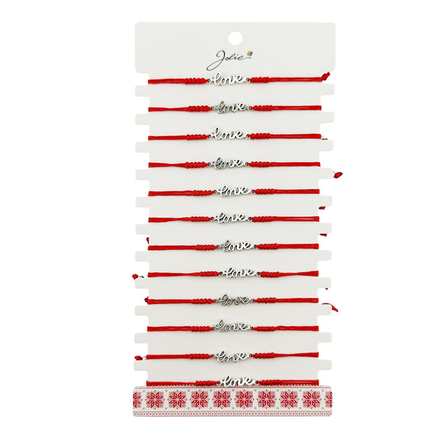 Martisor Bratara Impletita cu Pandantiv din Inox, Jolie, pentru Dama, Set 12 bucati, Snur Rosu Textil, Dimensiune Reglabila, Model Love - vivimall.ro