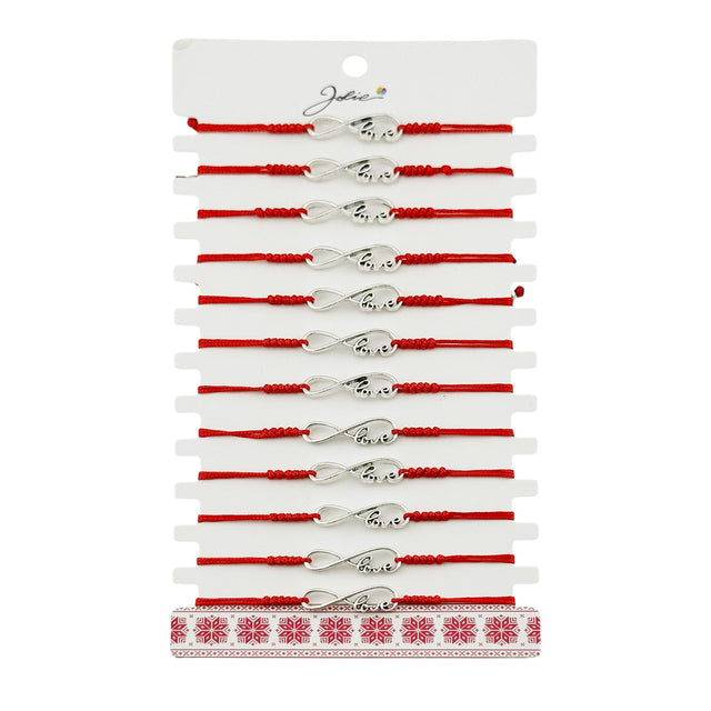 Martisor Bratara Impletita cu Pandantiv din Inox, Jolie, pentru Dama, Set 12 bucati, Snur Rosu Textil, Dimensiune Reglabila, Model Love Infinit - vivimall.ro