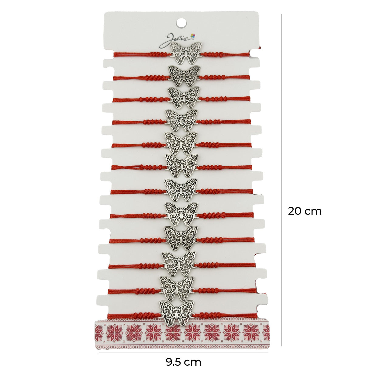 Bratara Martisor pentru Dama, Jolie, Model Fluture, Set 12 bucati, Pandativ Argintiu din Inox cu Snur Rosu Ajustabil - vivimall.ro