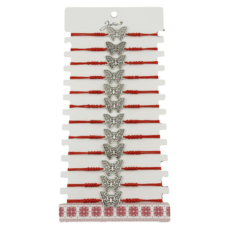 Bratara Martisor pentru Dama, Jolie, Model Fluture, Set 12 bucati, Pandativ Argintiu din Inox cu Snur Rosu Ajustabil - vivimall.ro