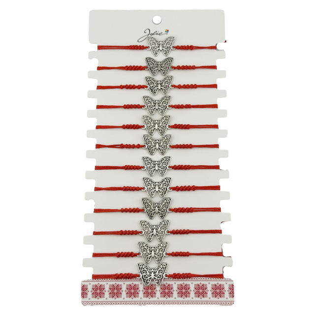 Bratara Martisor pentru Dama, Jolie, Model Fluture, Set 12 bucati, Pandativ Argintiu din Inox cu Snur Rosu Ajustabil - vivimall.ro