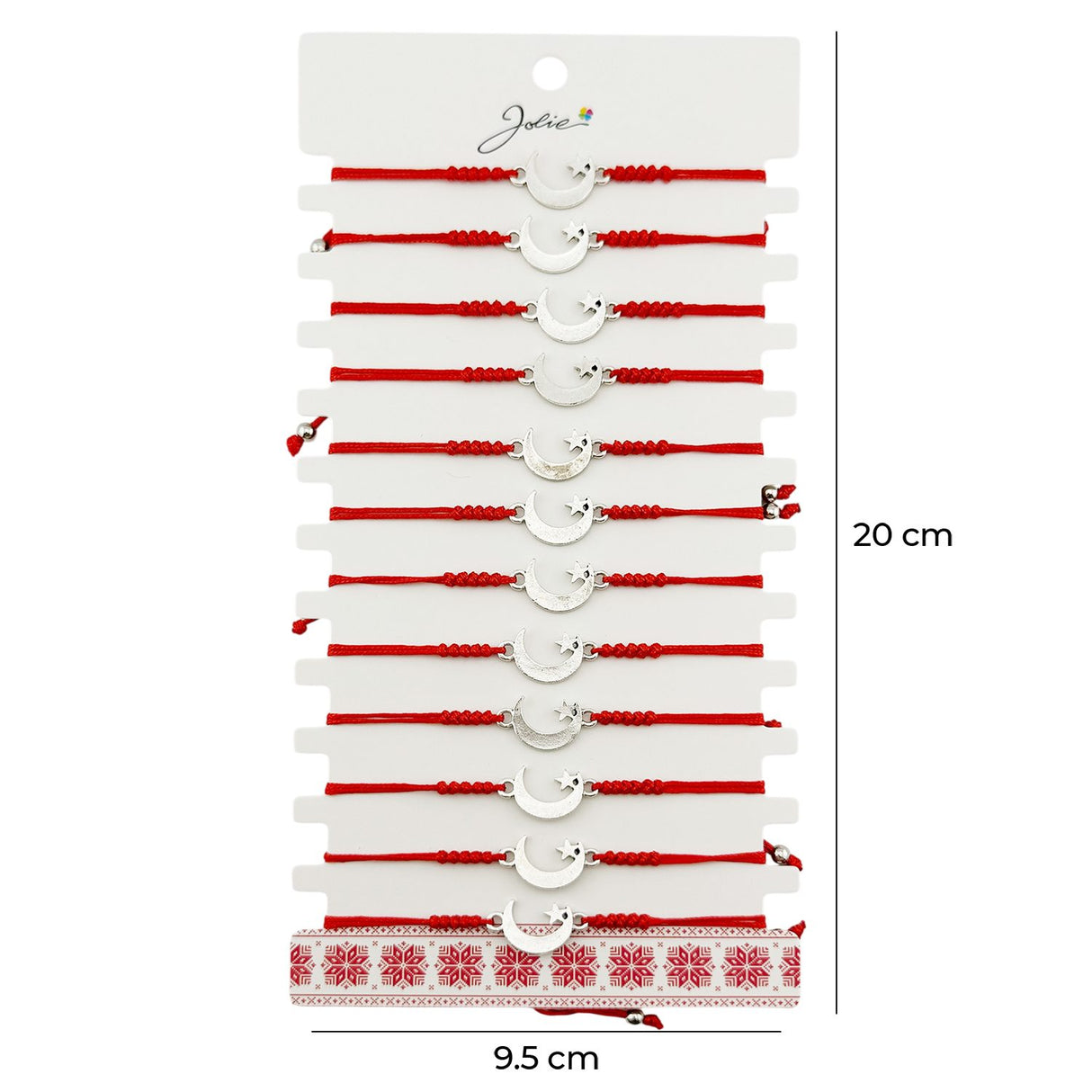 Martisor Bratara Impletita cu Pandantiv din Inox, Jolie, pentru Dama, Set 12 bucati, Snur Rosu Textil, Dimensiune Reglabila, Model Luna Stea - vivimall.ro