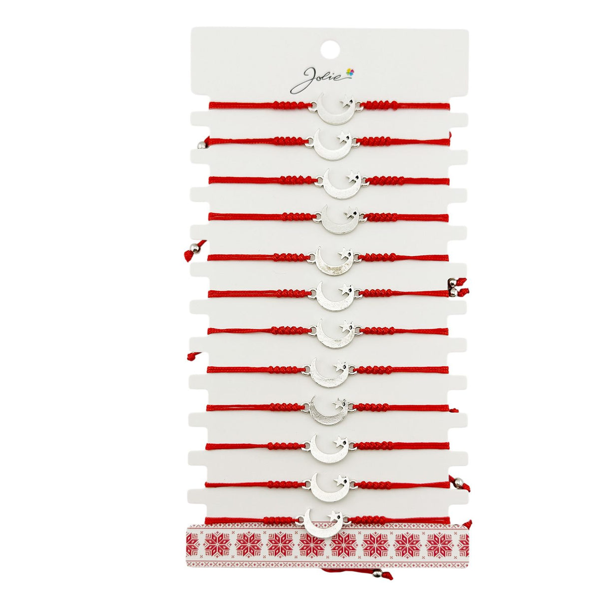 Martisor Bratara Impletita cu Pandantiv din Inox, Jolie, pentru Dama, Set 12 bucati, Snur Rosu Textil, Dimensiune Reglabila, Model Luna Stea - vivimall.ro