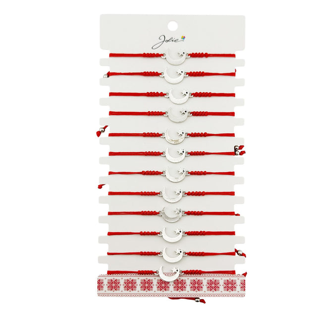 Martisor Bratara Impletita cu Pandantiv din Inox, Jolie, pentru Dama, Set 12 bucati, Snur Rosu Textil, Dimensiune Reglabila, Model Luna Stea - vivimall.ro