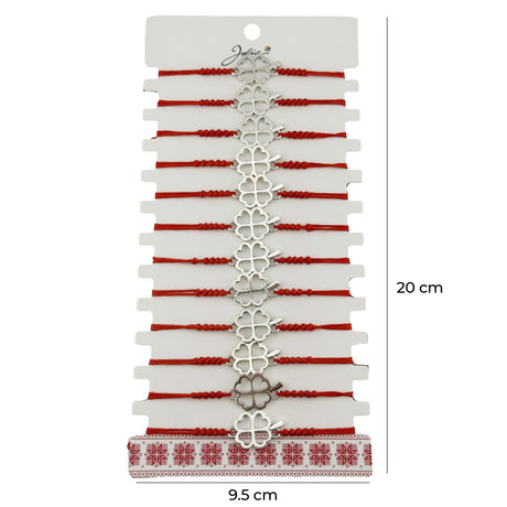 Bratara Martisor pentru Dama, Jolie, Model Trifoi in Contur, Set 12 bucati, Pandativ Argintiu din Inox cu Snur Rosu Ajustabil - vivimall.ro