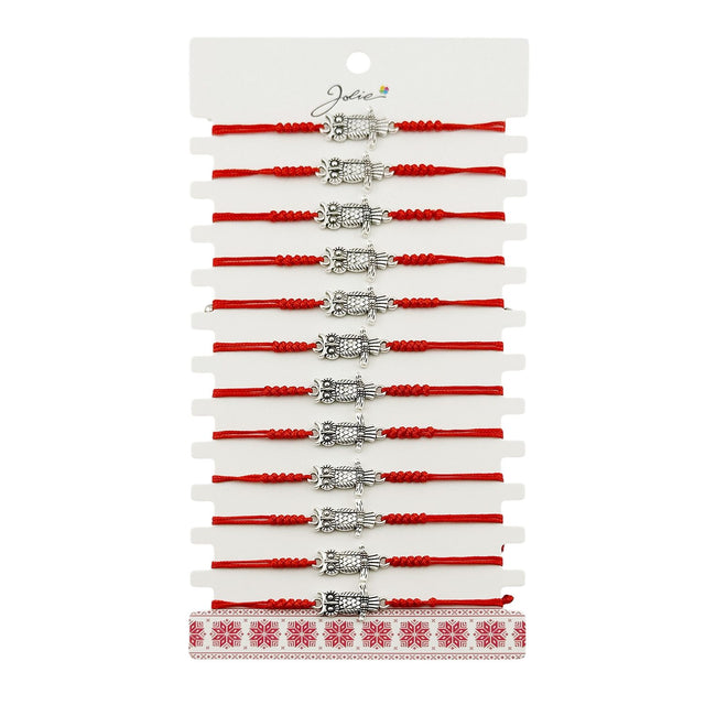 Martisor Bratara Impletita cu Pandantiv din Inox, Jolie, pentru Dama, Set 12 bucati, Snur Rosu Textil, Dimensiune Reglabila, Model Bufnita - vivimall.ro