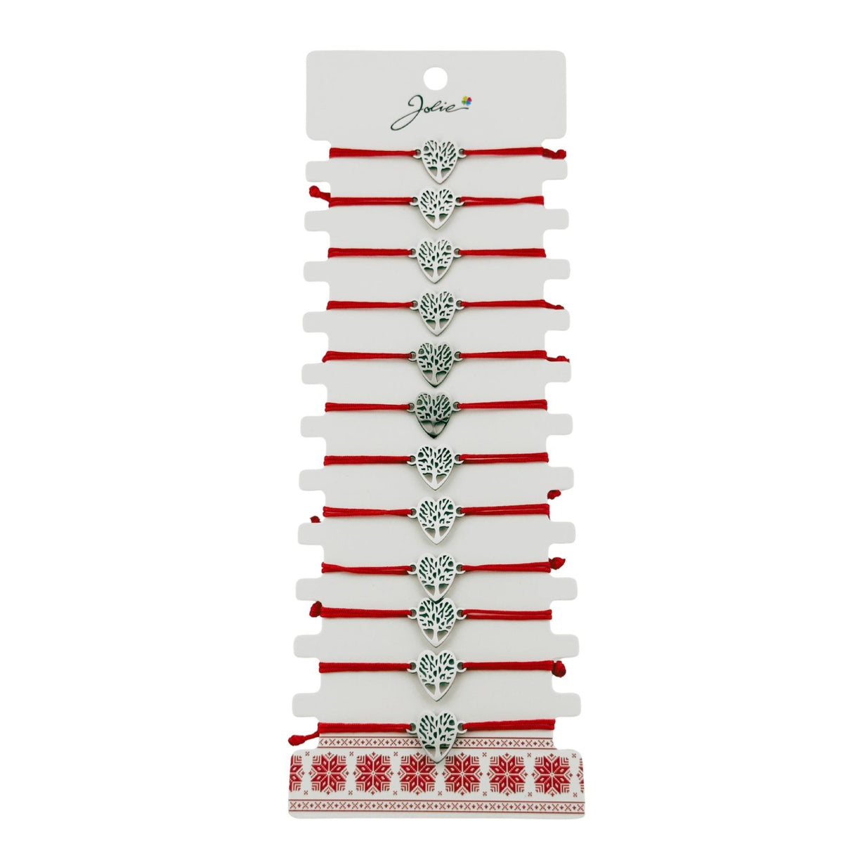 Bratara Martisor pentru Dama, Jolie, Model Copac in Inima, Set 12 bucati, Pandativ Argintiu din Inox cu Snur Rosu Ajustabil - vivimall.ro