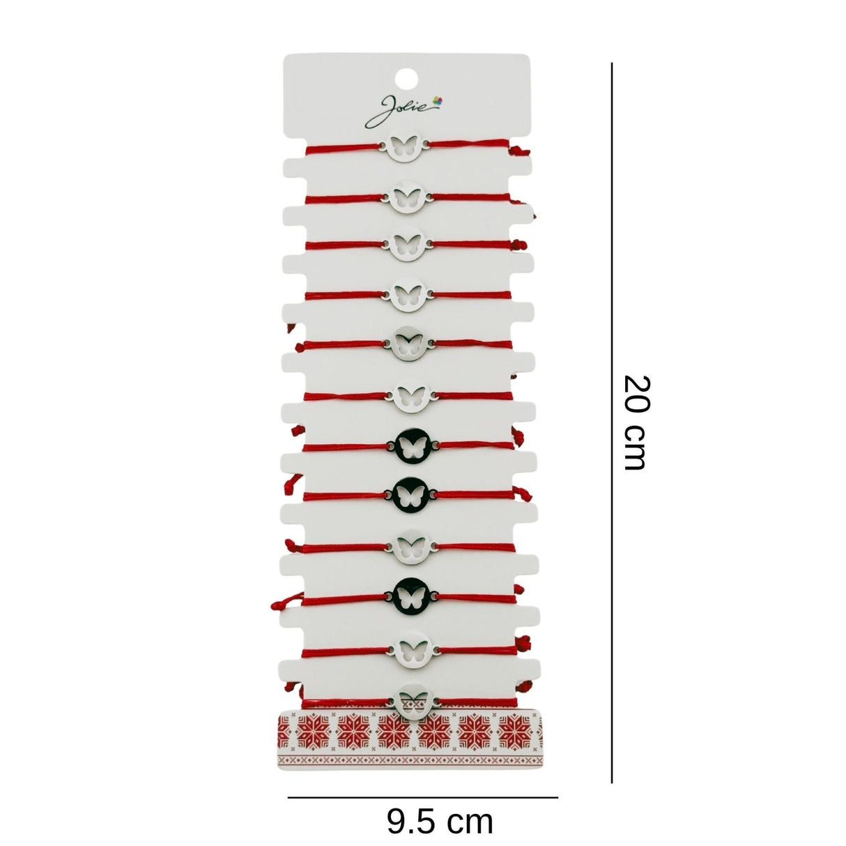 Bratara Martisor pentru Dama, Jolie, Model Fluture in Cerc, Set 12 bucati, Pandativ Argintiu din Inox cu Snur Rosu Ajustabil - vivimall.ro