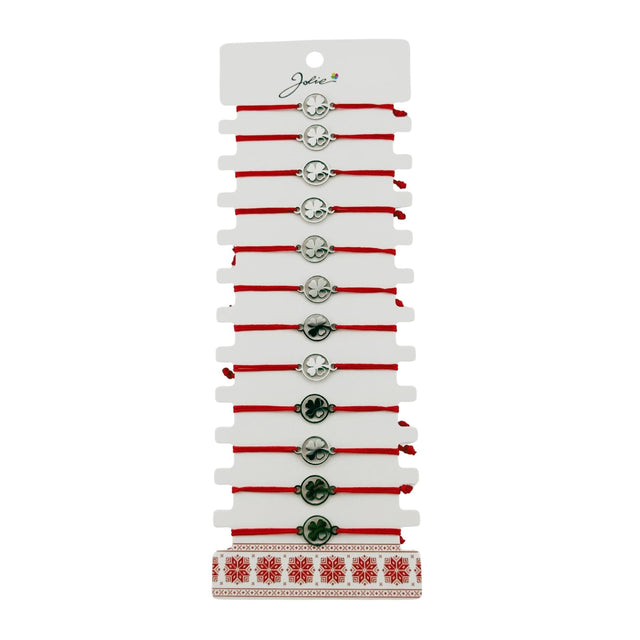 Bratara Martisor pentru Dama, Jolie, Model Trifoi cu Inima, Set 12 bucati, Pandativ Argintiu din Inox cu Snur Rosu Ajustabil - vivimall.ro