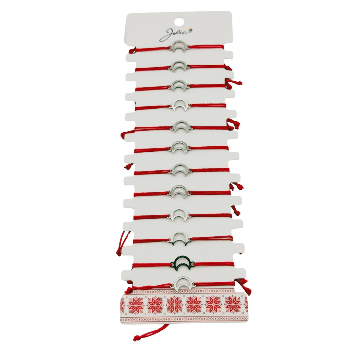 Bratara Martisor pentru Dama, Jolie, Model Semiluna, Set 12 bucati, Pandativ Argintiu din Inox cu Snur Rosu Ajustabil - vivimall.ro