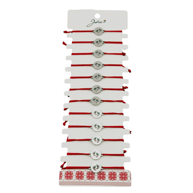 Bratara Martisor pentru Dama, Jolie, Model Talpi in Cerc, Set 12 bucati, Pandativ Argintiu din Inox cu Snur Rosu Ajustabil - vivimall.ro