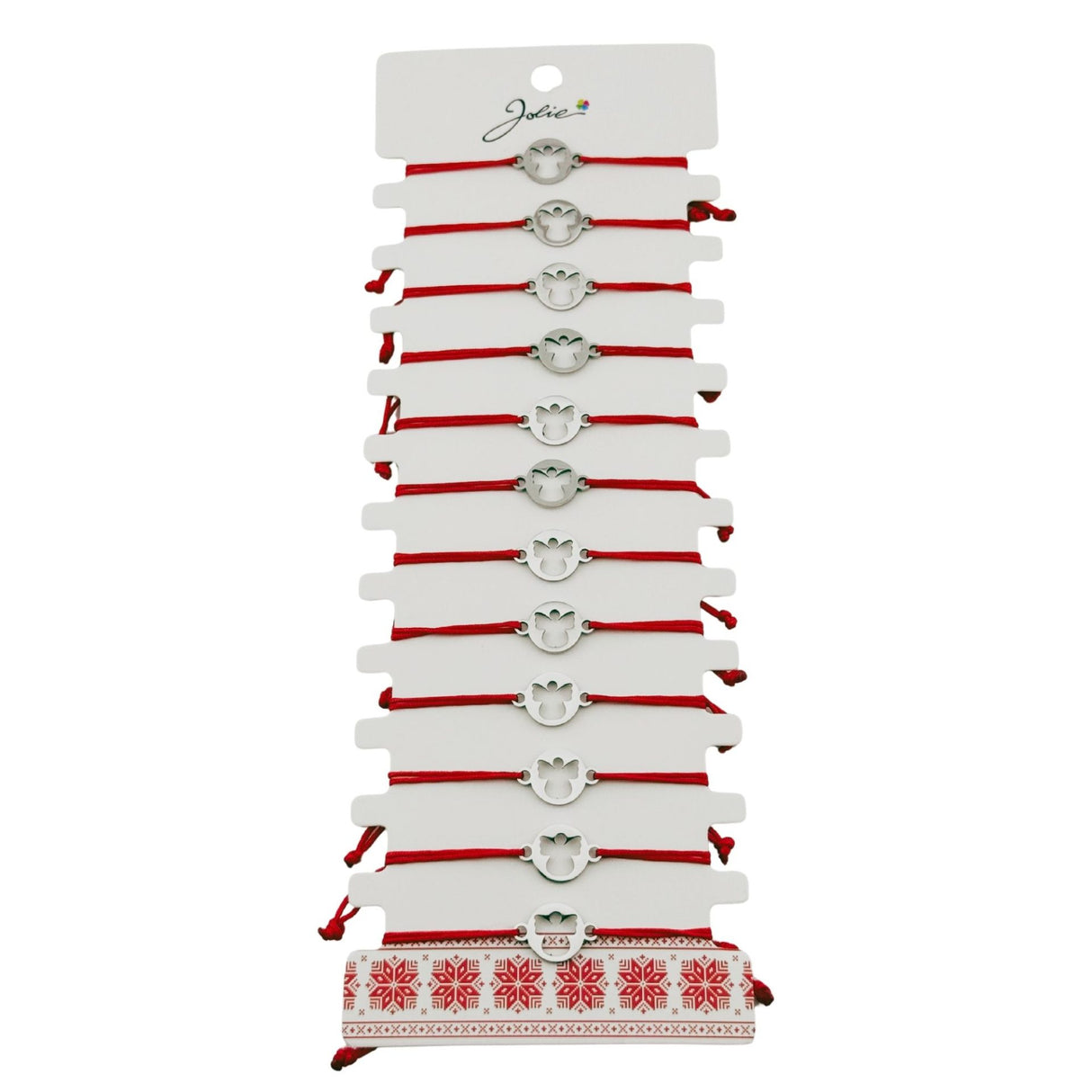 Bratara Martisor pentru Dama, Jolie, Model Inger in Cerc, Set 12 bucati, Pandativ Argintiu din Inox cu Snur Rosu Ajustabil - vivimall.ro