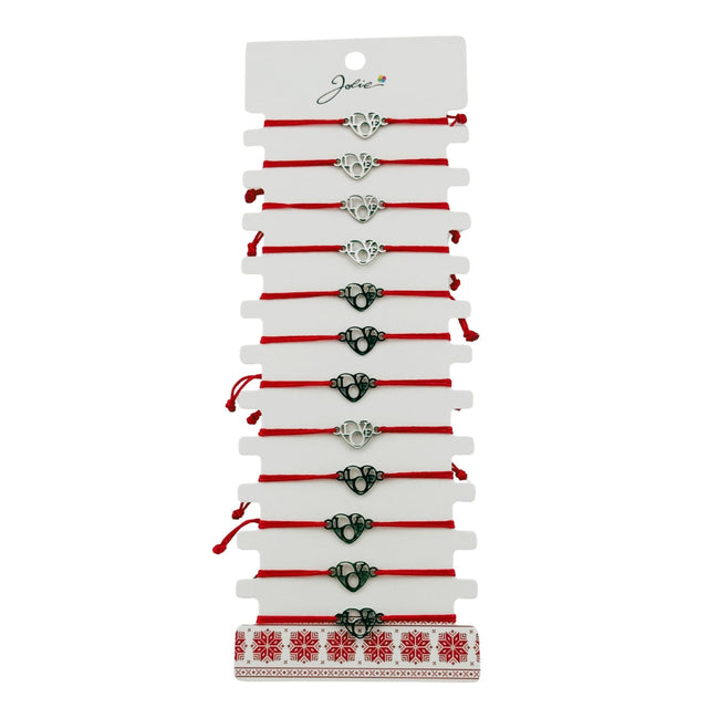 Bratara Martisor pentru Dama, Jolie, Model Inima Love, Set 12 bucati, Pandativ Argintiu din Inox cu Snur Rosu Ajustabil - vivimall.ro
