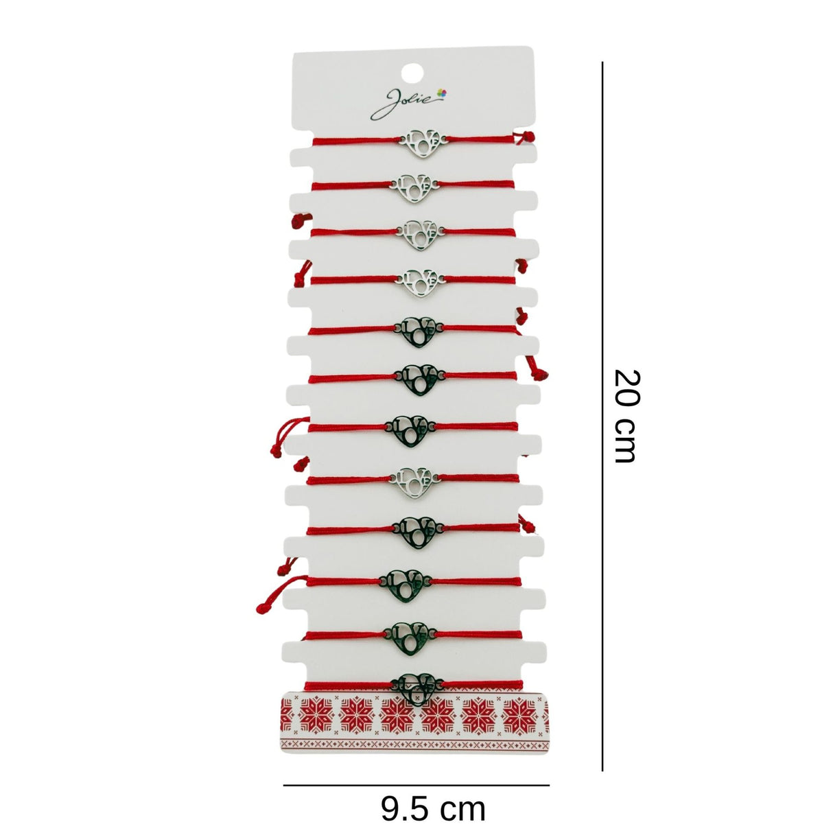 Bratara Martisor pentru Dama, Jolie, Model Inima Love, Set 12 bucati, Pandativ Argintiu din Inox cu Snur Rosu Ajustabil - vivimall.ro