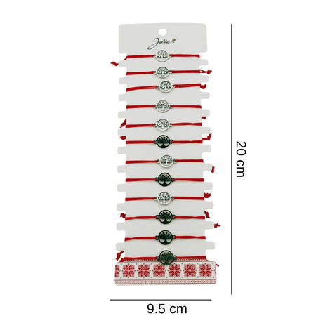 Bratara Martisor pentru Dama, Jolie, Model Copac in Cerc, Set 12 bucati, Pandativ Argintiu din Inox cu Snur Rosu Ajustabil - vivimall.ro