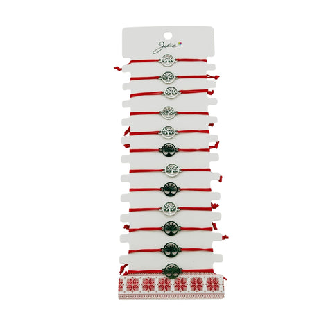 Bratara Martisor pentru Dama, Jolie, Model Copac in Cerc, Set 12 bucati, Pandativ Argintiu din Inox cu Snur Rosu Ajustabil - vivimall.ro