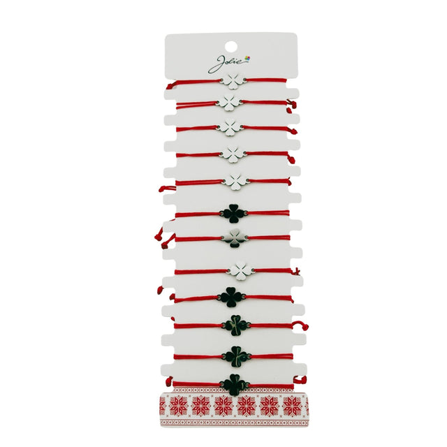 Bratara Martisor pentru Dama, Jolie, Model Trifoi cu 4 Foi, Set 12 bucati, Pandativ Argintiu din Inox cu Snur Rosu Ajustabil - vivimall.ro