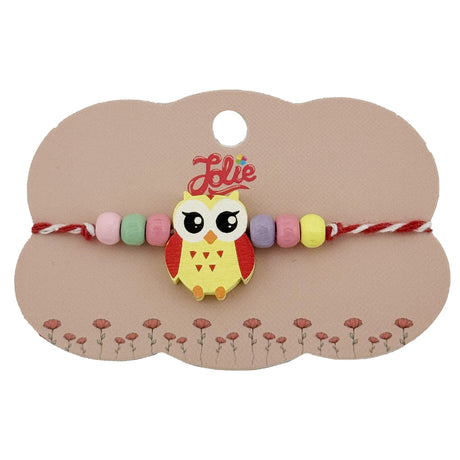 Bratara Martisor pentru Copii, Jolie, Pandativ Bufnita, cu Margele Multicolore, Snur Alb/Rosu, Galben - vivimall.ro