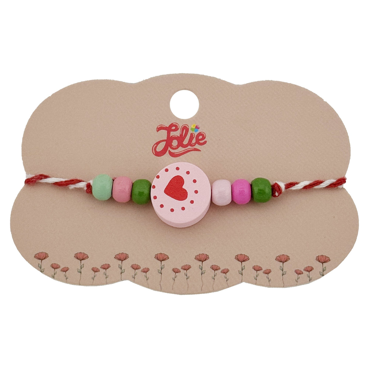 Bratara Martisor pentru Copii, Jolie, Pandativ Rotund Inima, cu Margele Multicolore, Snur Alb/Rosu, Roz deschis - vivimall.ro