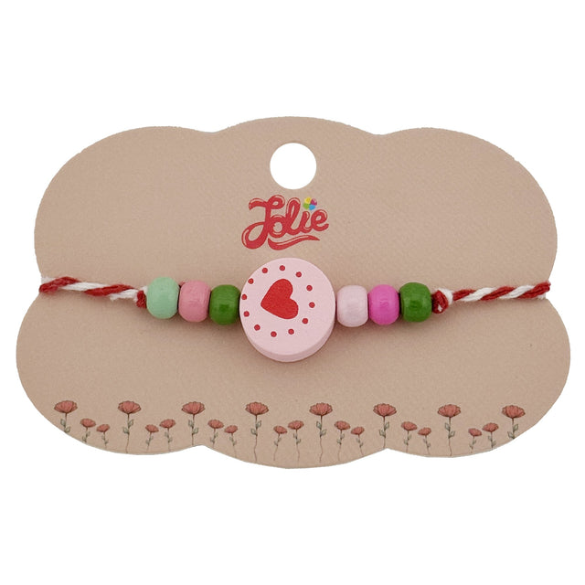 Bratara Martisor pentru Copii, Jolie, Pandativ Rotund Inima, cu Margele Multicolore, Snur Alb/Rosu, Roz deschis - vivimall.ro