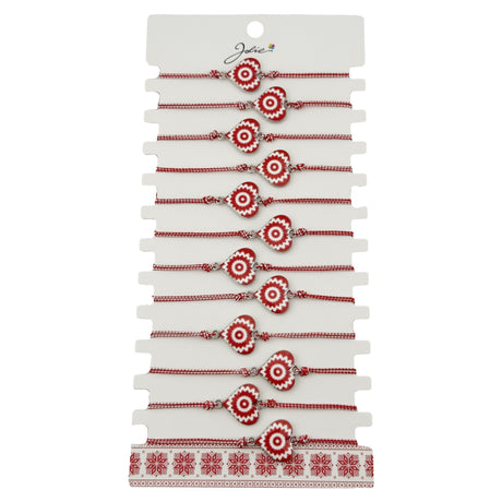 Bratara Martisor pentru Dama, Jolie, Model Inima, Set 12 bucati, Pandativ din Aliaj cu Print Traditional, Snur Ajustabil Impletit, Alb/Rosu - vivimall.ro