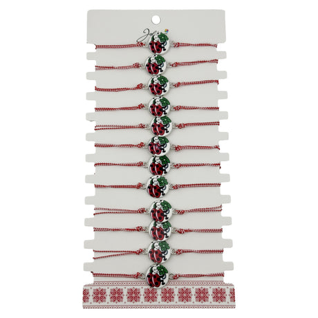 Bratara Martisor pentru Dama, Jolie, Model Buburuza cu Trifoi, Set 12 bucati, Pandativ Alb cu Print Traditional, Snur Ajustabil Impletit, Alb/Rosu - vivimall.ro