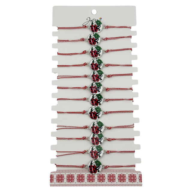 Bratara Martisor pentru Dama, Jolie, Model Buburuza cu Trifoi, Set 12 bucati, Pandativ Alb cu Print Traditional, Snur Ajustabil Impletit, Alb/Rosu - vivimall.ro