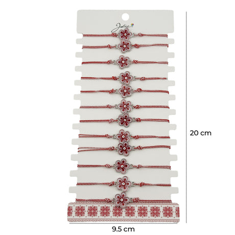 Bratara Martisor pentru Dama, Jolie, Model Floare, Set 12 bucati, Pandativ din Aliaj cu Print Traditional, Snur Ajustabil Impletit, Alb/Rosu - vivimall.ro