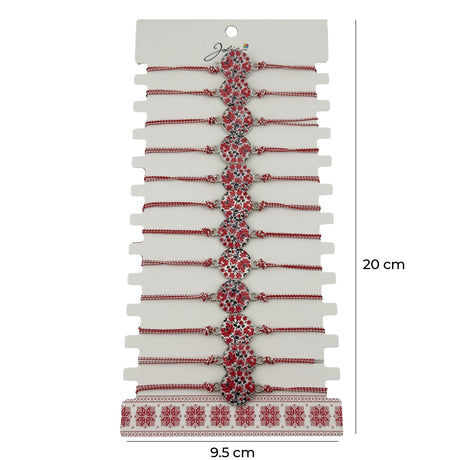 Bratara Martisor pentru Dama, Jolie, Model Rotund cu Flori, Set 12 bucati, Pandativ din Aliaj, cu Print Traditional, Snur Ajustabil Impletit, Alb/Rosu - vivimall.ro