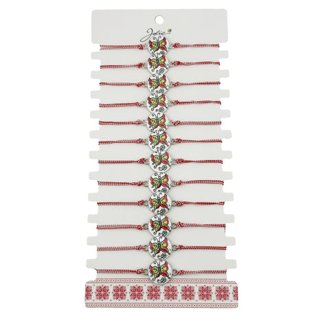 Bratara Martisor pentru Dama, Jolie, Model Fluture, Set 12 bucati, Pandativ din Aliaj cu Print Traditional, Snur Ajustabil Impletit, Alb/Rosu - vivimall.ro