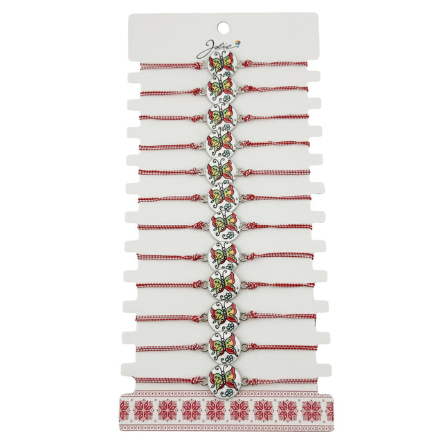 Bratara Martisor pentru Dama, Jolie, Model Fluture, Set 12 bucati, Pandativ din Aliaj cu Print Traditional, Snur Ajustabil Impletit, Alb/Rosu - vivimall.ro