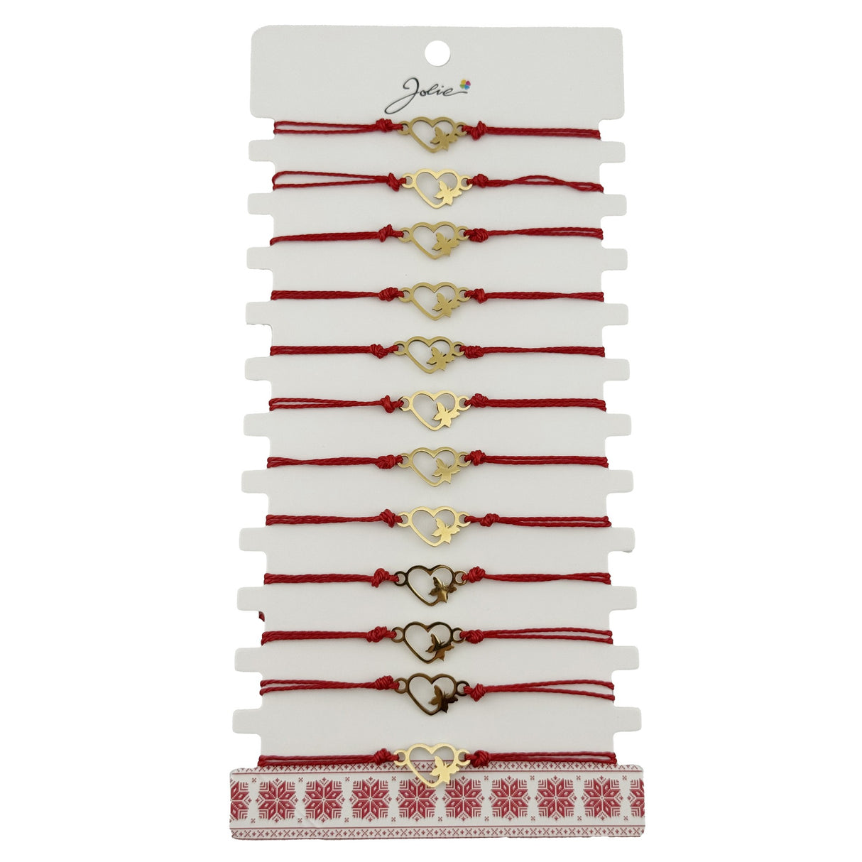 Bratara Martisor pentru Dama, Jolie, Model Inima cu Fluture, Set 12 bucati, Pandativ Auriu din Inox cu Snur Rosu Ajustabil - vivimall.ro