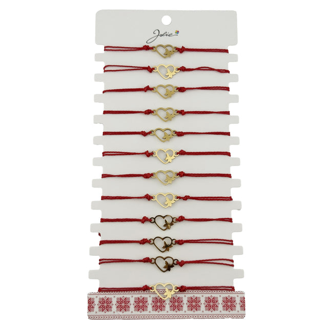 Bratara Martisor pentru Dama, Jolie, Model Inima cu Fluture, Set 12 bucati, Pandativ Auriu din Inox cu Snur Rosu Ajustabil - vivimall.ro