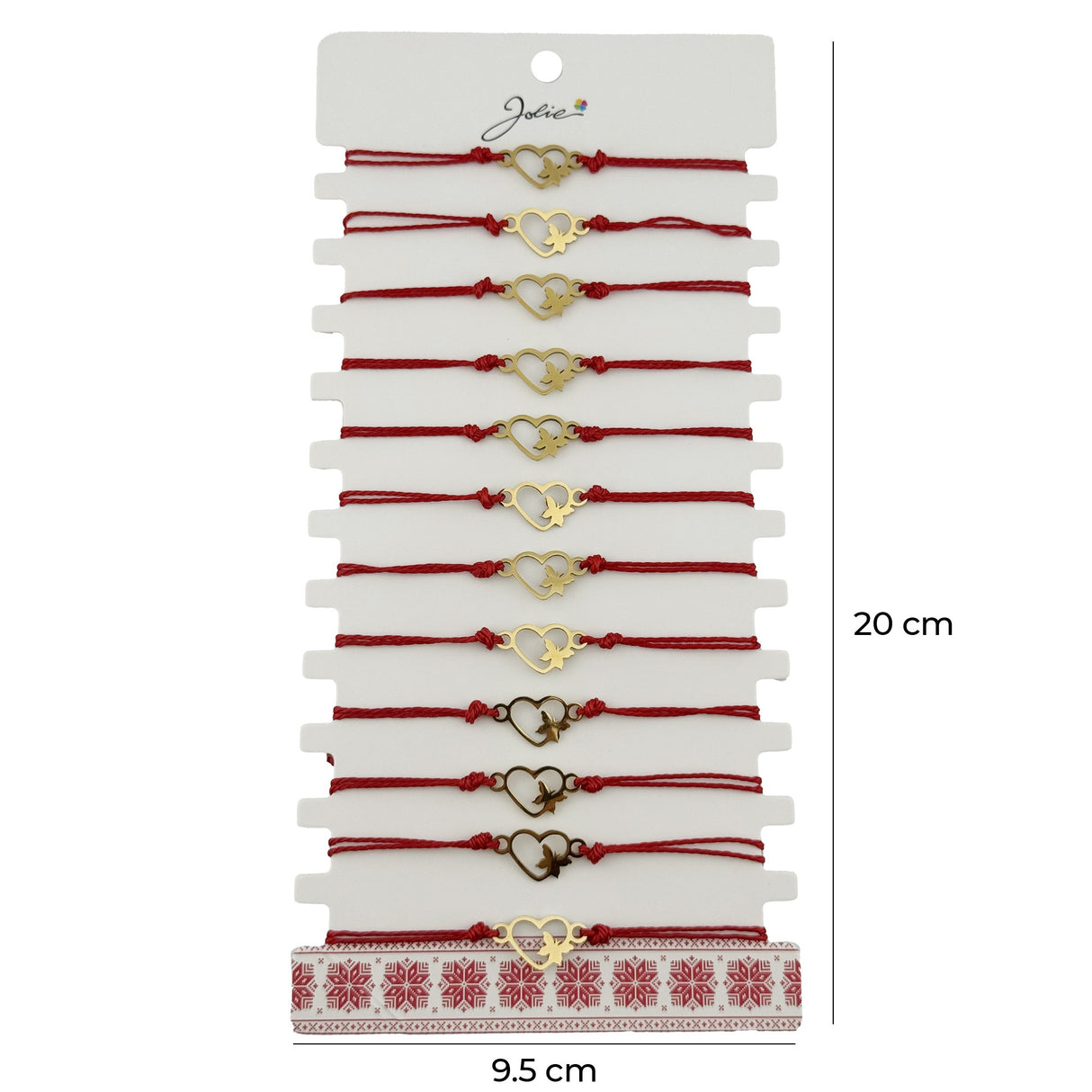 Bratara Martisor pentru Dama, Jolie, Model Inima cu Fluture, Set 12 bucati, Pandativ Auriu din Inox cu Snur Rosu Ajustabil - vivimall.ro