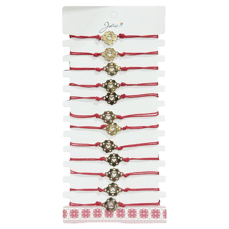 Bratara Martisor pentru Dama, Jolie, Model Inima in Floare, Set 12 bucati, Pandativ Auriu din Inox cu Snur Rosu Ajustabil - vivimall.ro