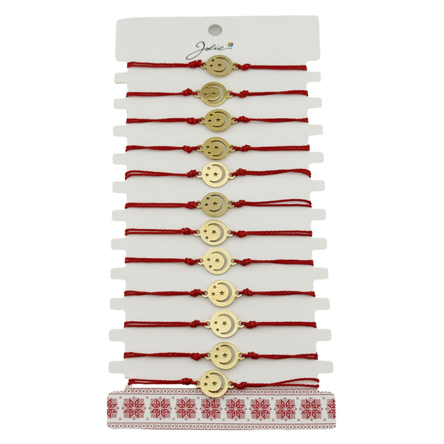 Bratara Martisor pentru Dama, Jolie, Model Luna cu Stele, Set 12 bucati, Pandativ din Inox Auriu, Snur Ajustabil Impletit, Rosu - vivimall.ro