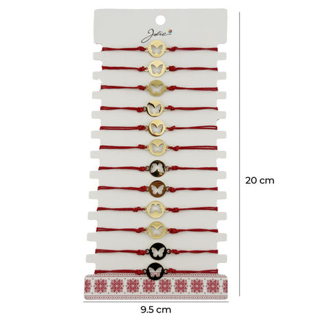 Bratara Martisor pentru Dama, Jolie, Model Fluture in Moneda, Set 12 bucati, Pandativ Auriu din Inox cu Snur Rosu Ajustabil - vivimall.ro