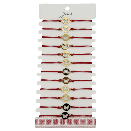 Bratara Martisor pentru Dama, Jolie, Model Fluture in Moneda, Set 12 bucati, Pandativ Auriu din Inox cu Snur Rosu Ajustabil - vivimall.ro