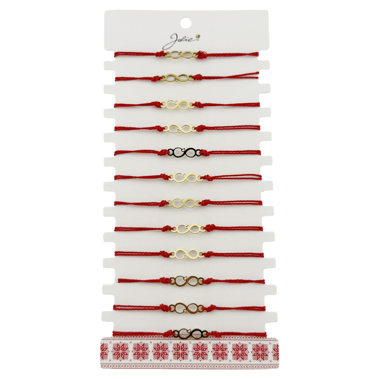 Bratara Martisor pentru Dama, Jolie, Model Infinit, Set 12 bucati, Pandativ din Inox Auriu, Snur Ajustabil Impletit, Rosu - vivimall.ro