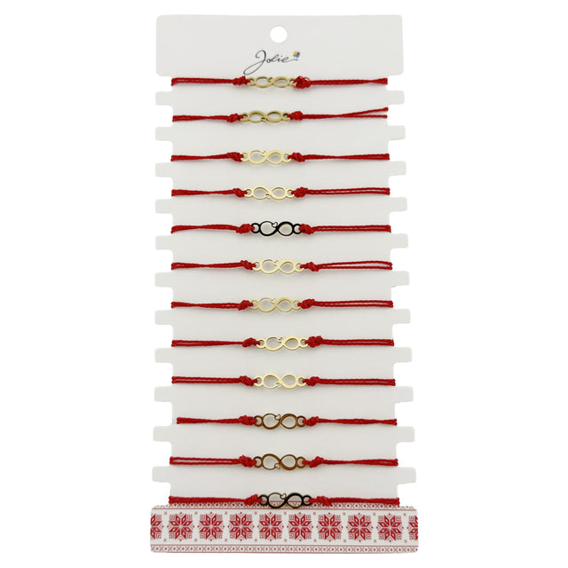 Bratara Martisor pentru Dama, Jolie, Model Infinit, Set 12 bucati, Pandativ din Inox Auriu, Snur Ajustabil Impletit, Rosu - vivimall.ro